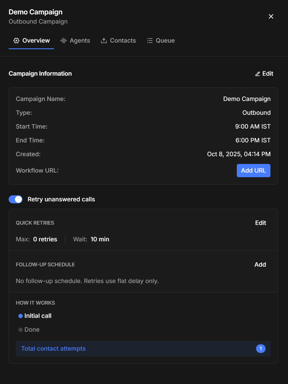 Campaign Overview with campaign information and retry settings