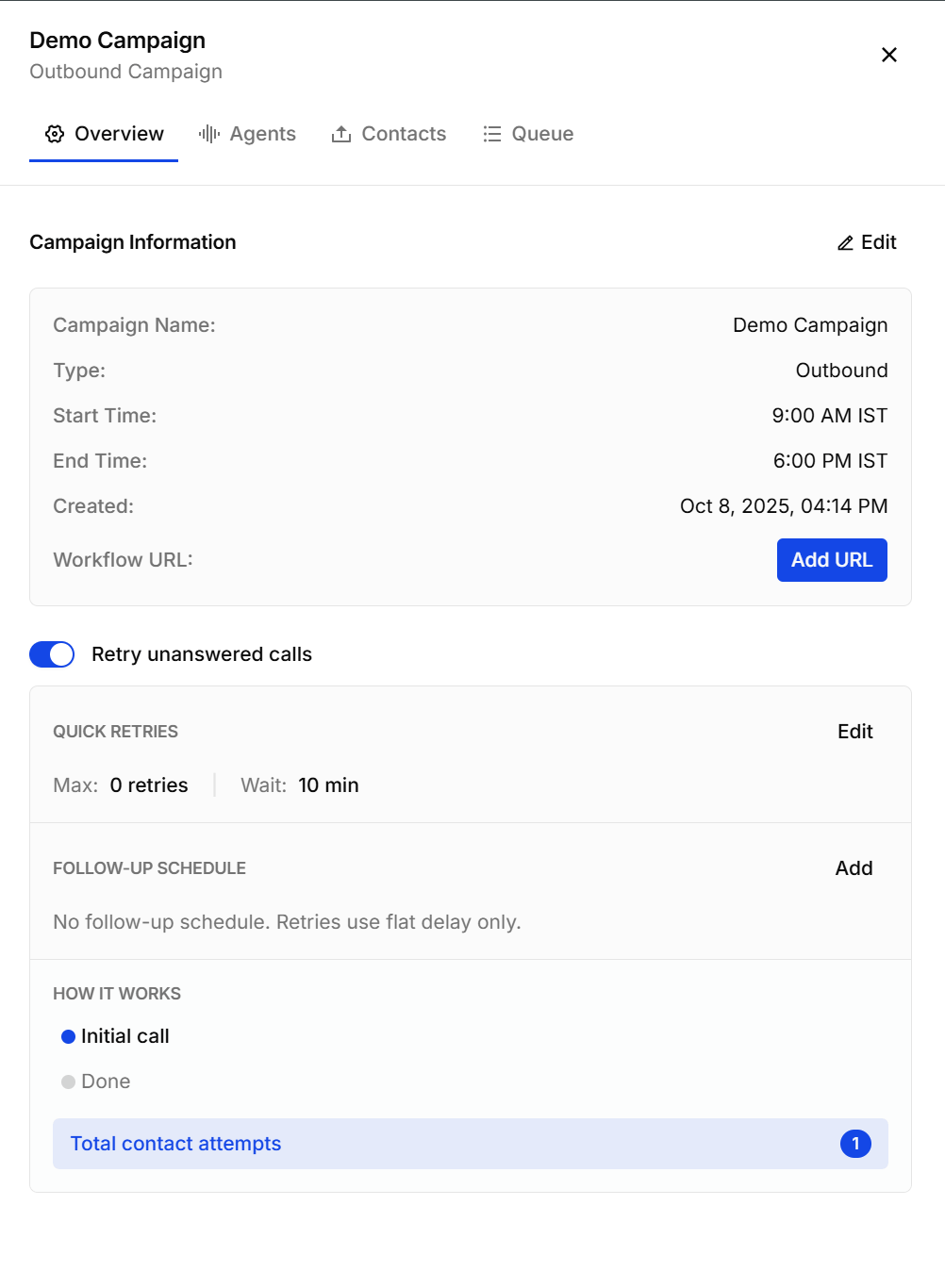 Campaign Overview with campaign information and retry settings