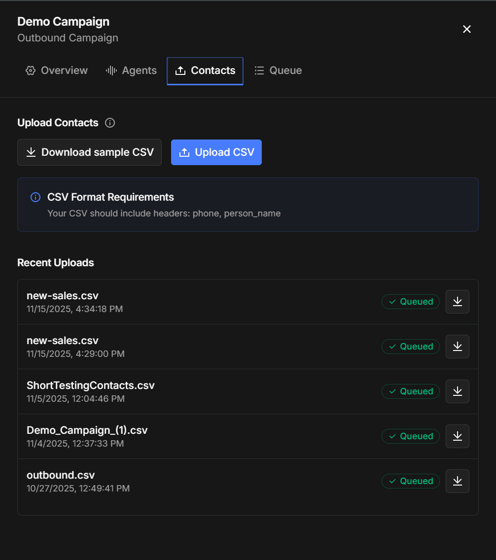 The Contacts tab with Upload CSV, the format requirements, and recent uploads