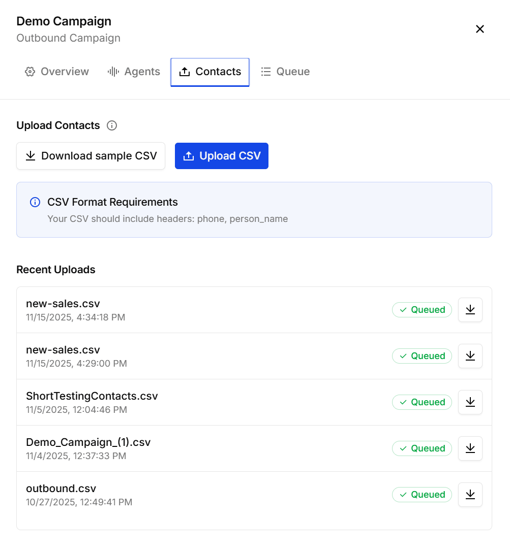 The Contacts tab with Upload CSV, the format requirements, and recent uploads