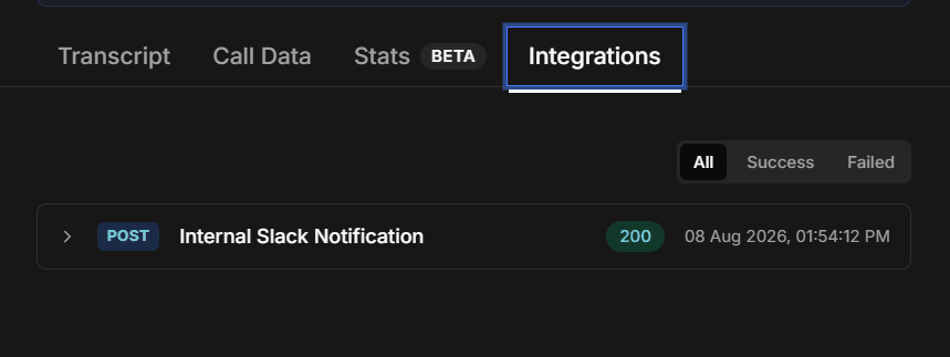 The Integrations tab listing webhook deliveries with their status