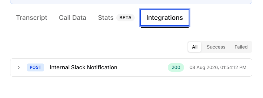 The Integrations tab listing webhook deliveries with their status