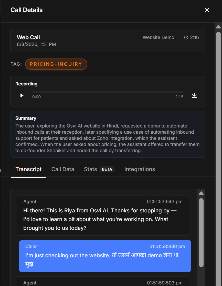 Call Details showing the recording, summary, and the transcript tab