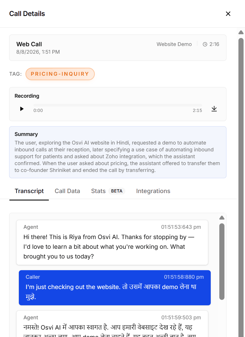 Call Details showing the recording, summary, and the transcript tab