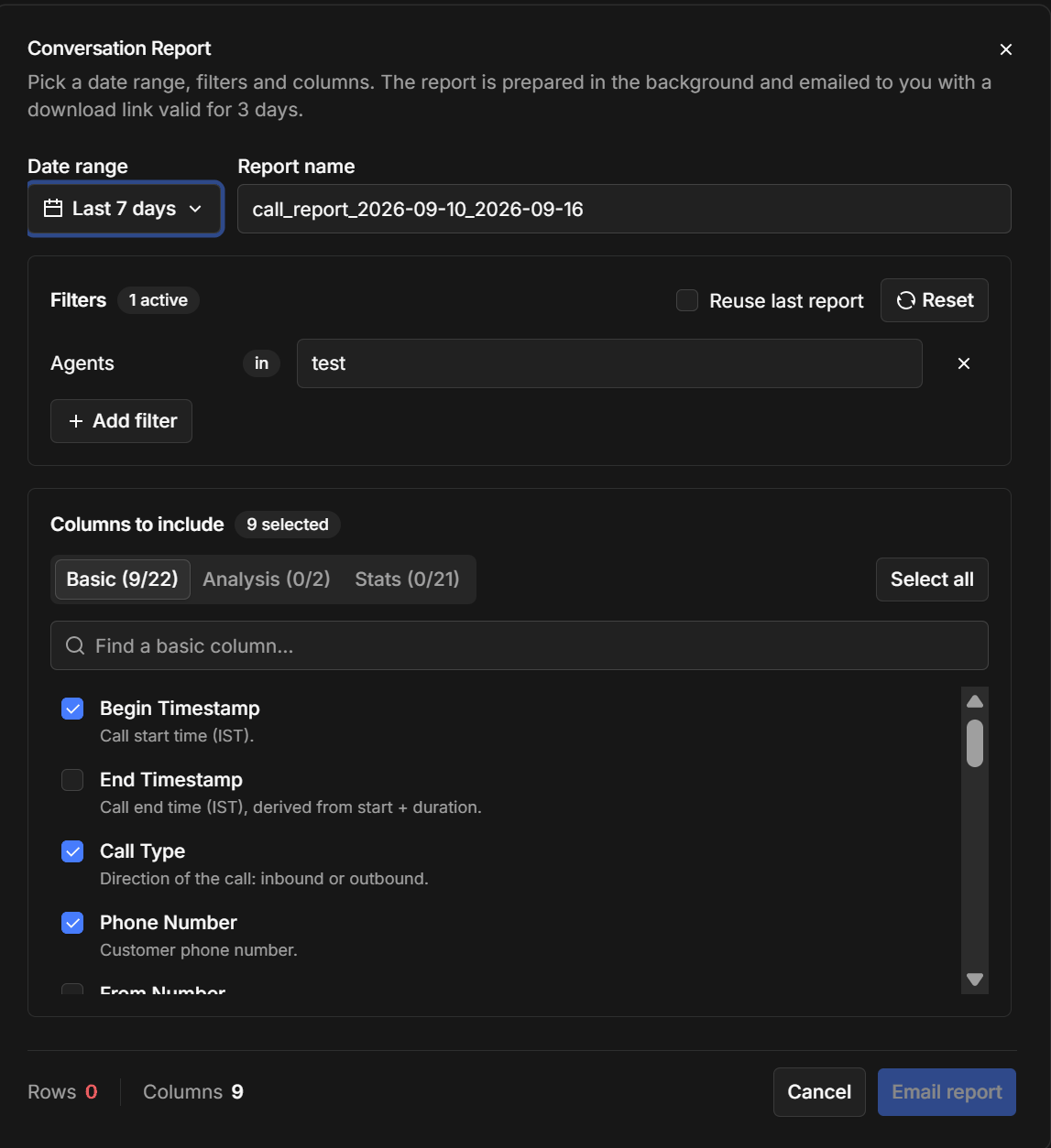 The Conversation Report dialog with date range, filters, and column selection