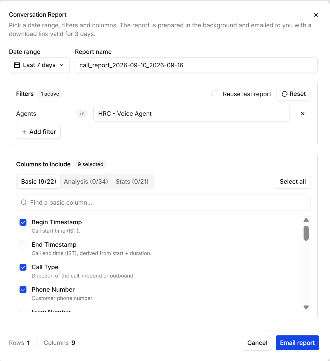 The Conversation Report dialog with date range, filters, and column selection