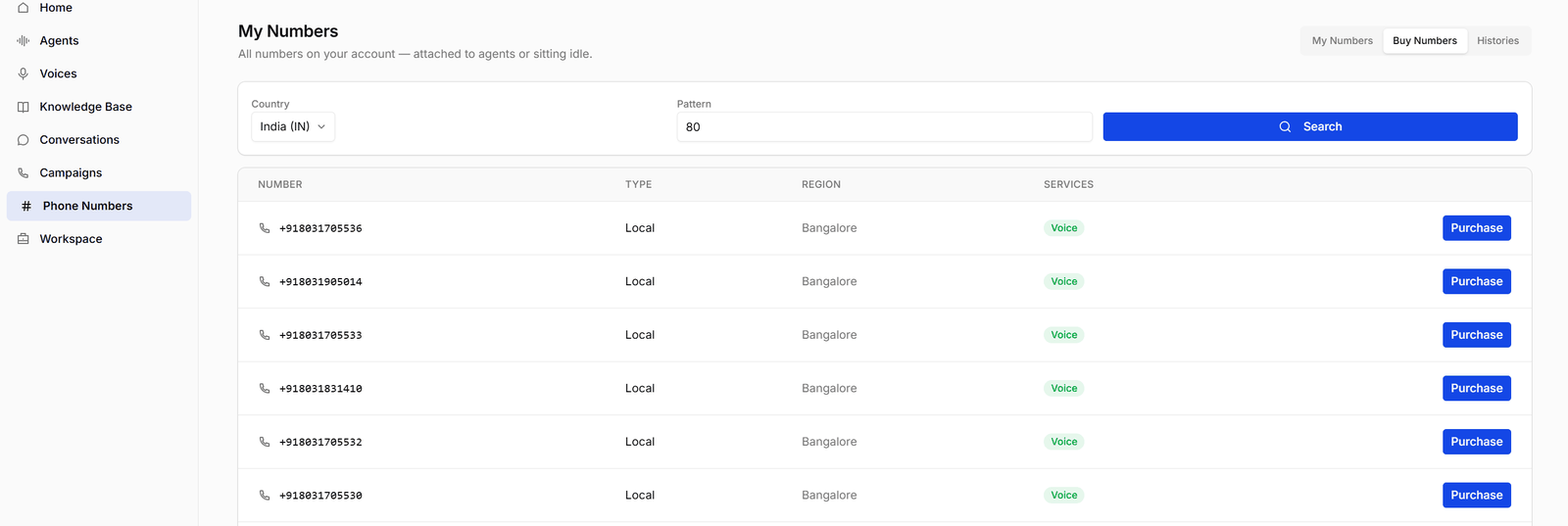 Buy Numbers with country and pattern search and purchasable numbers
