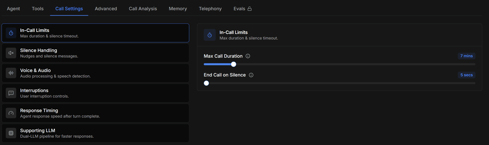 In-Call Limits with max call duration and end call on silence