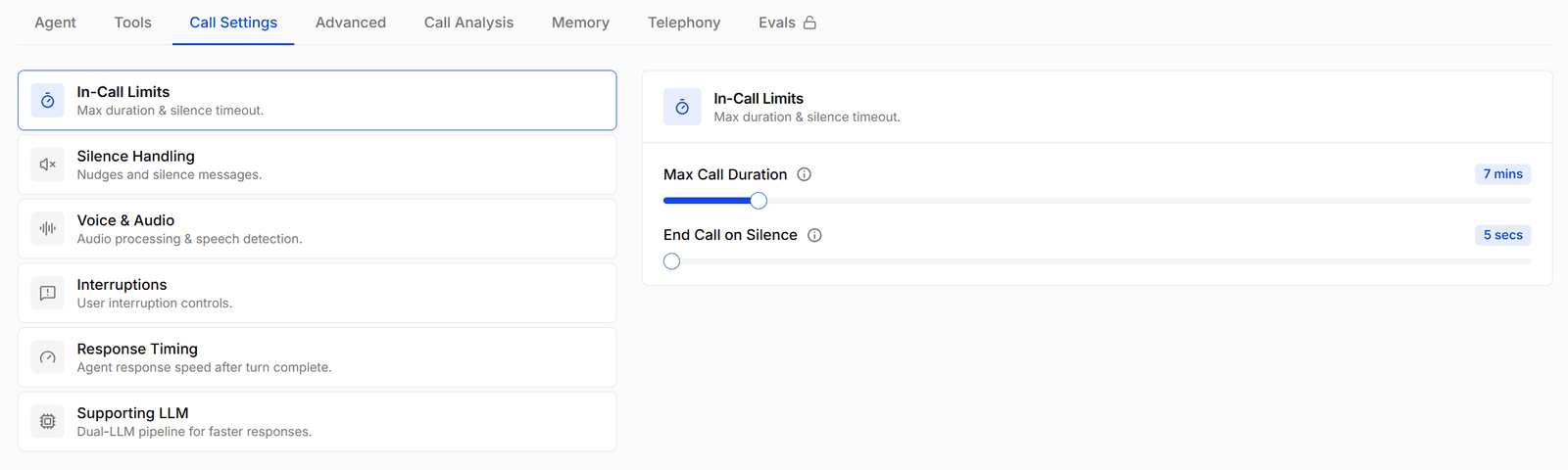 In-Call Limits with max call duration and end call on silence