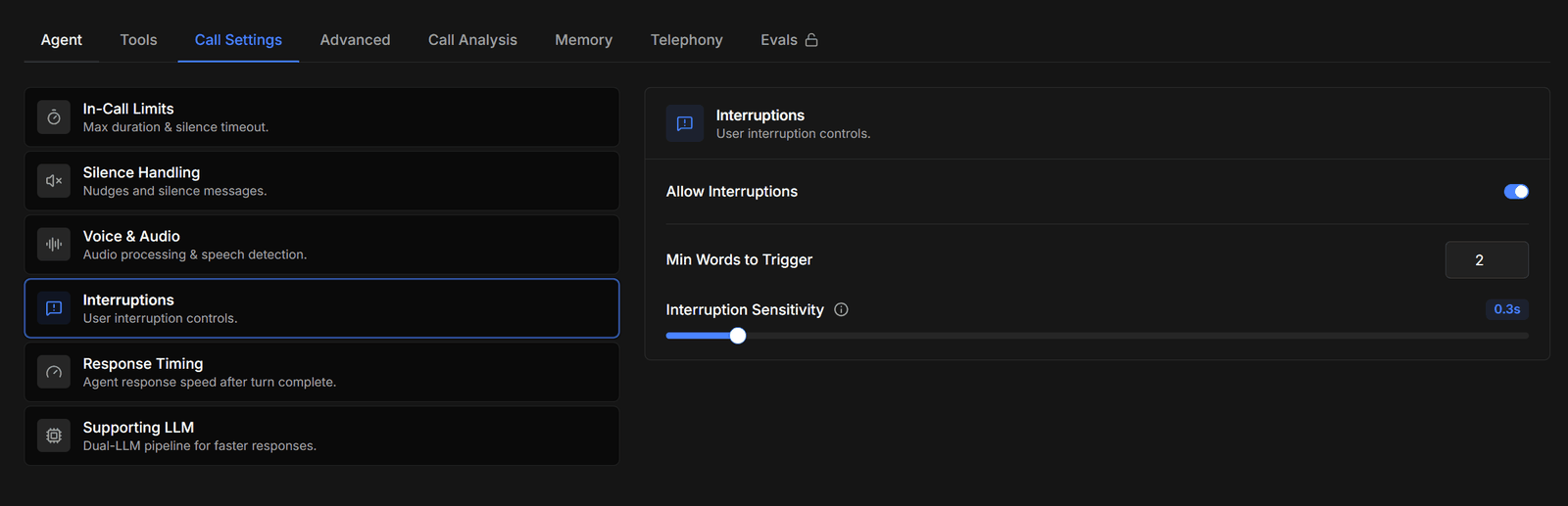 Interruptions with allow interruptions, min words to trigger, and interruption sensitivity