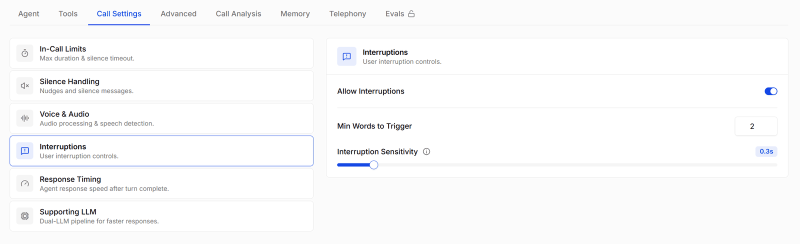 Interruptions with allow interruptions, min words to trigger, and interruption sensitivity