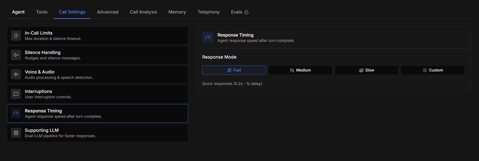 Response Timing with fast, medium, slow, and custom response modes