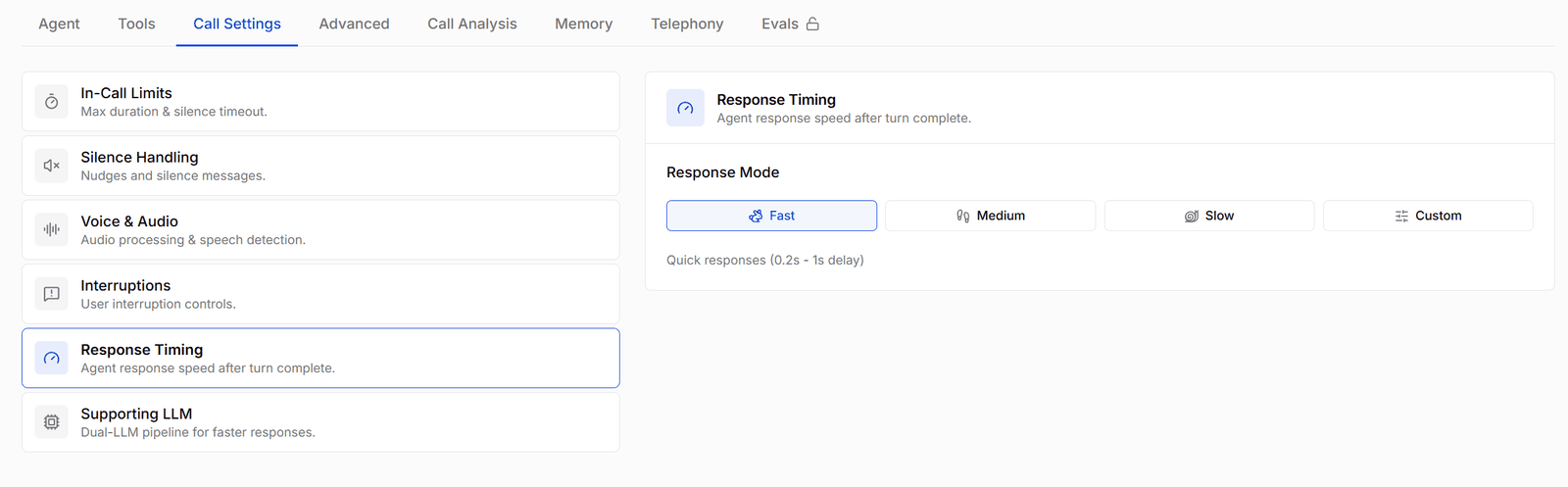 Response Timing with fast, medium, slow, and custom response modes