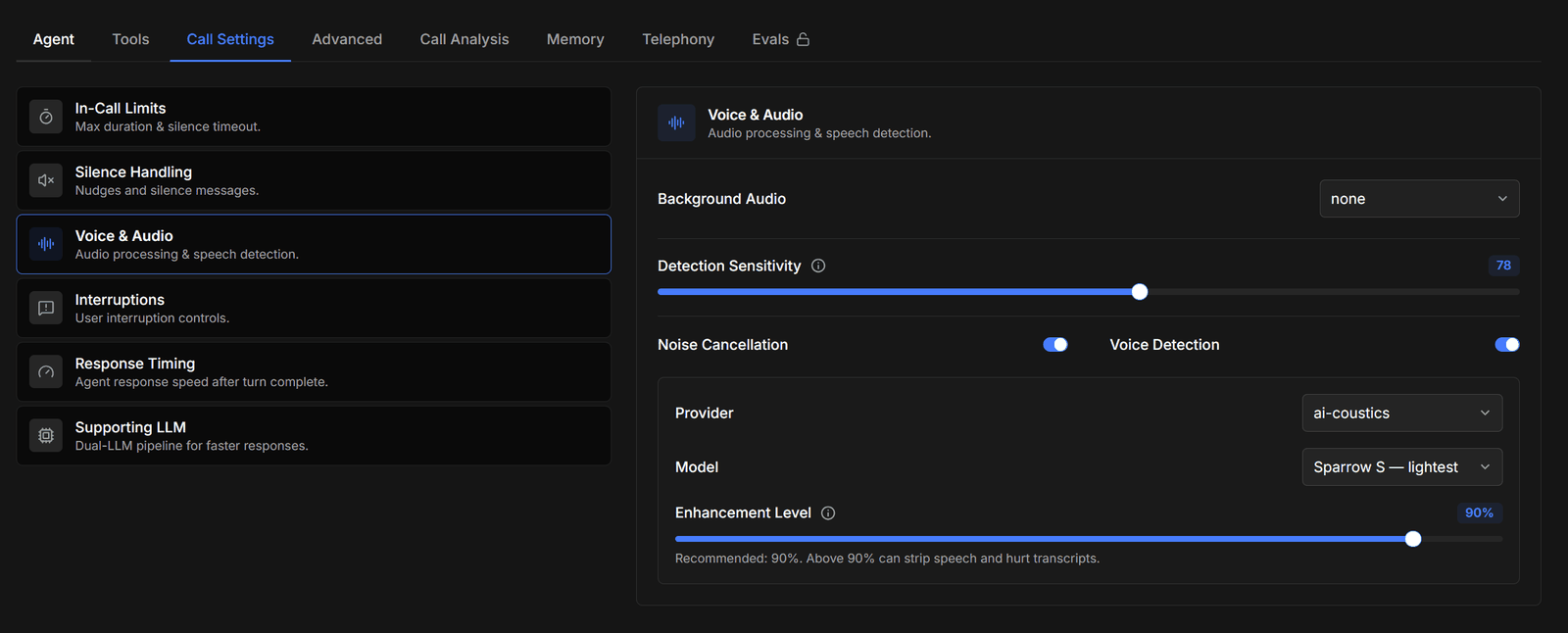 Voice and Audio with background audio, detection sensitivity, noise cancellation, and voice detection