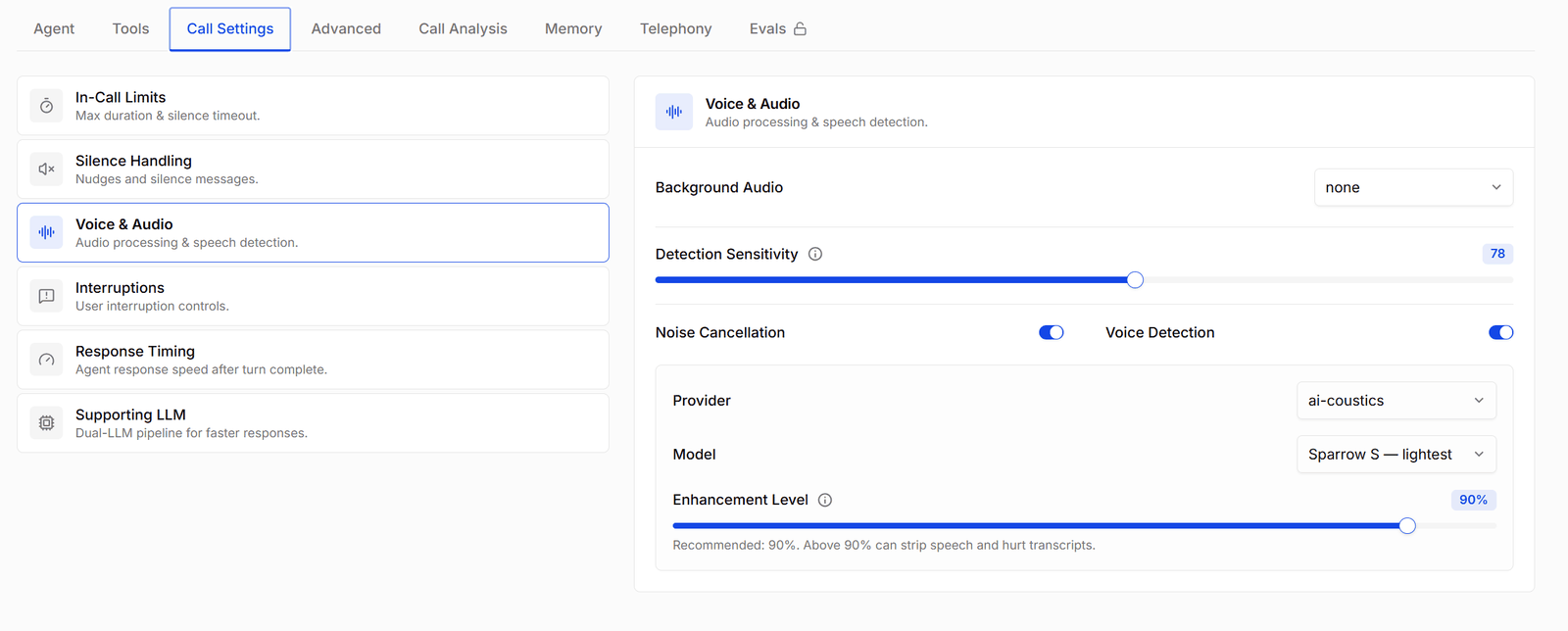 Voice and Audio with background audio, detection sensitivity, noise cancellation, and voice detection
