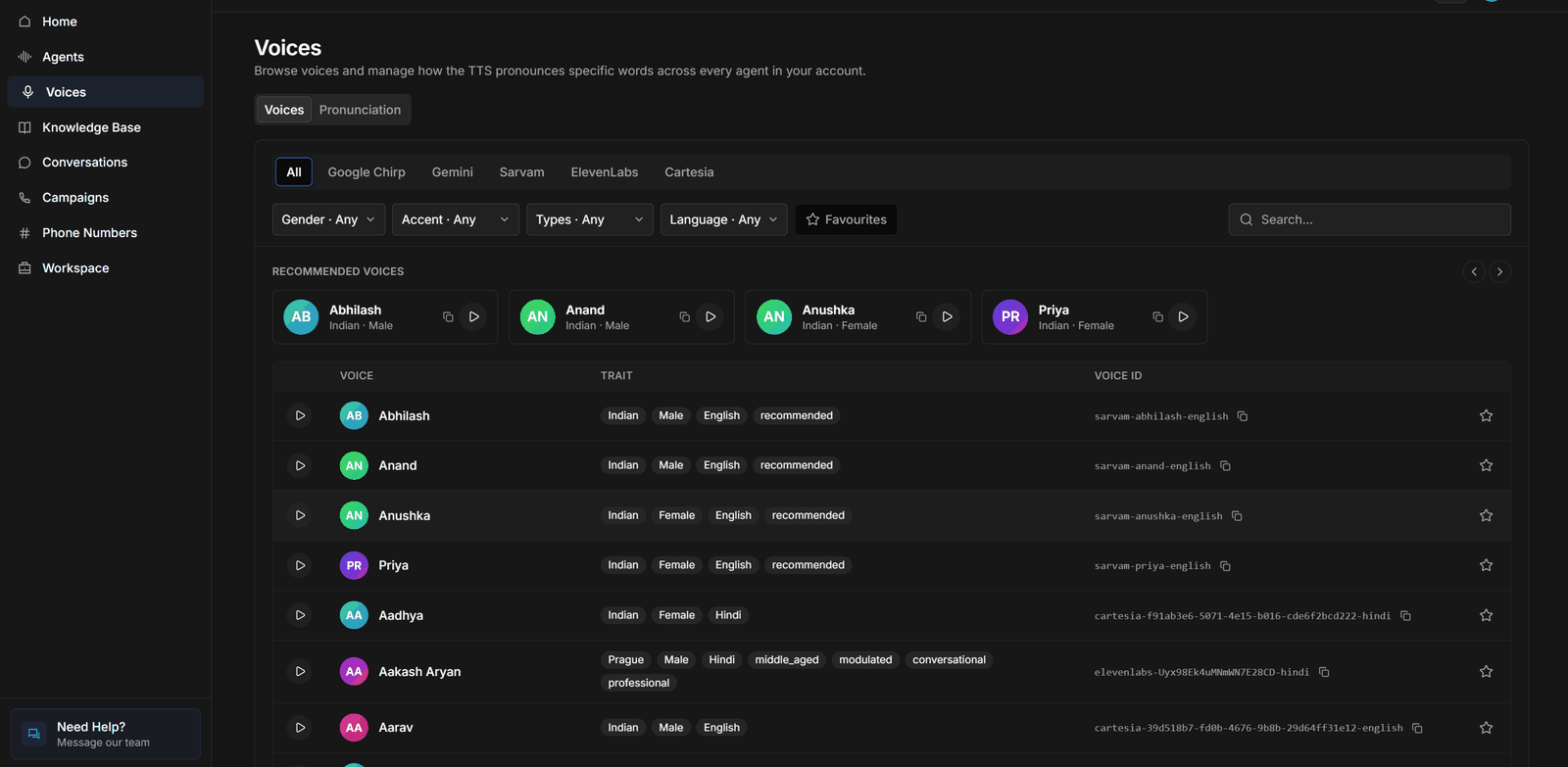 The Voices catalogue with provider tabs, filters, recommended voices, and the voice list