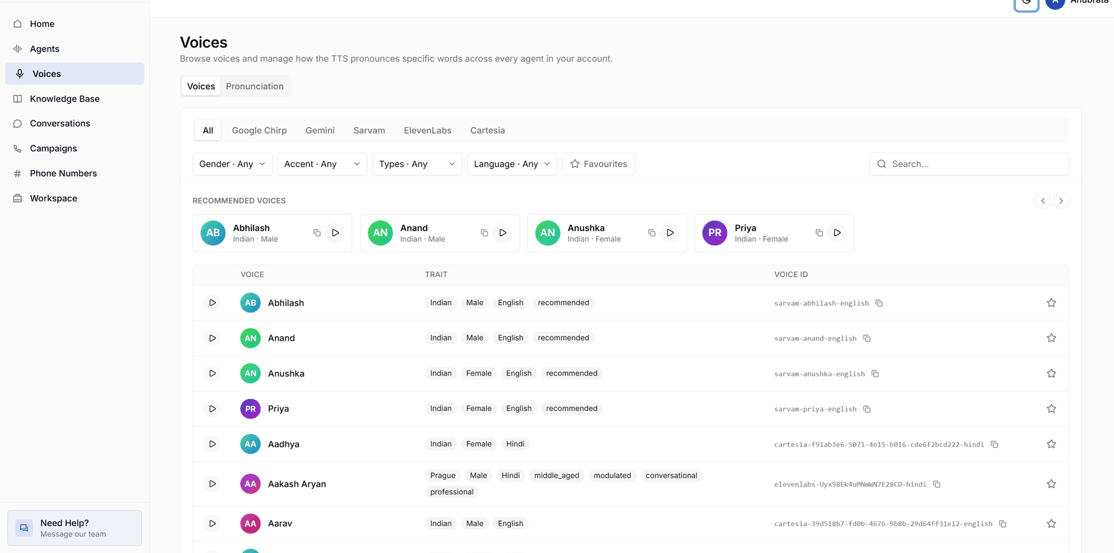The Voices catalogue with provider tabs, filters, recommended voices, and the voice list