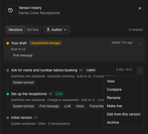 Version history: your draft with unpublished changes, then v3 (Latest), v2 (Live) and v1, with the actions menu open on v3