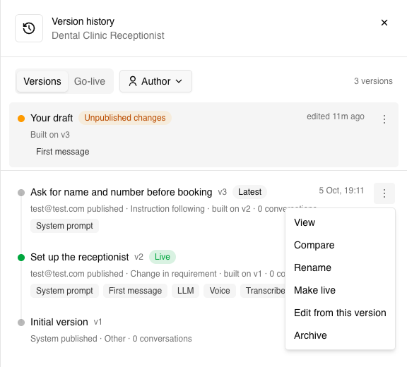 Version history: your draft with unpublished changes, then v3 (Latest), v2 (Live) and v1, with the actions menu open on v3