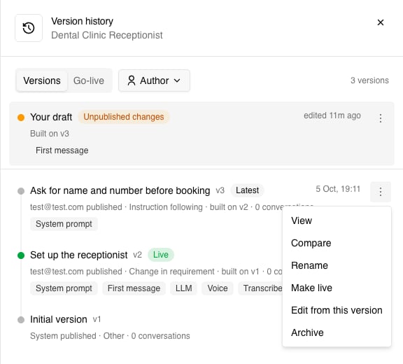 Version history: your draft with unpublished changes, then v3 (Latest), v2 (Live) and v1, with the actions menu open on v3