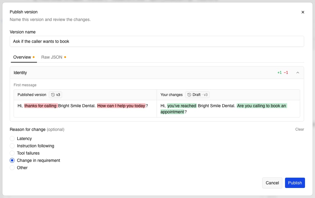 The Publish version dialog: a version name, the first message change shown side by side, and the reason for change
