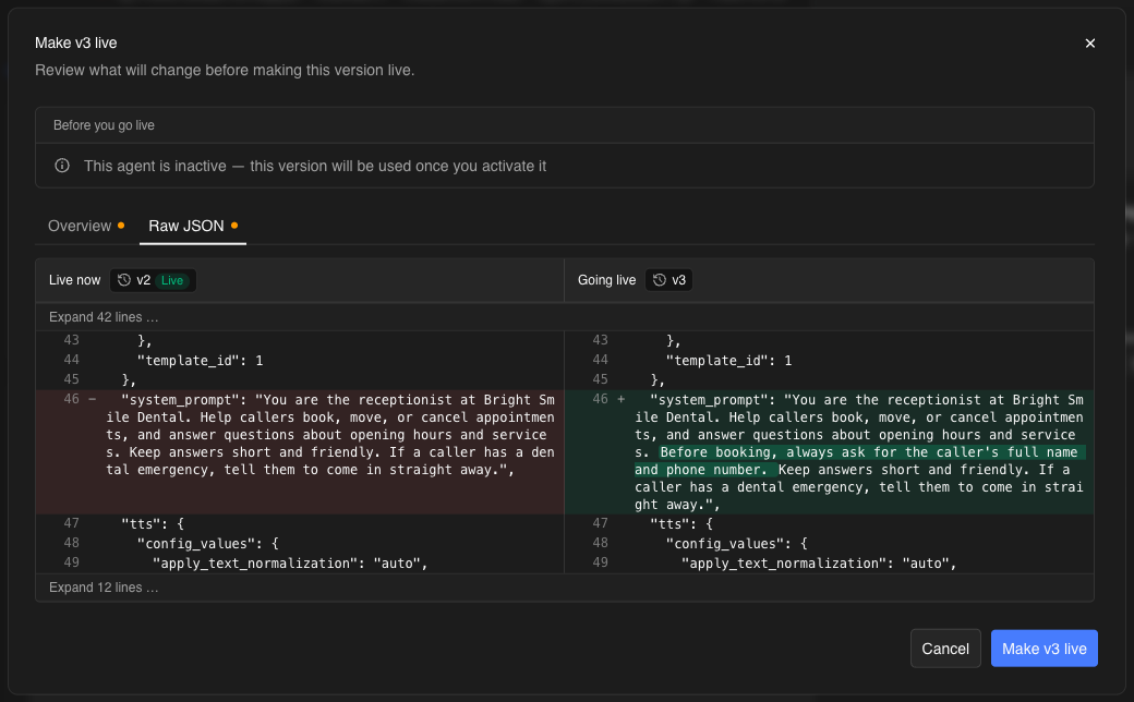 The Raw JSON view: the live version on the left and the version going live on the right, with the changed system prompt line highlighted