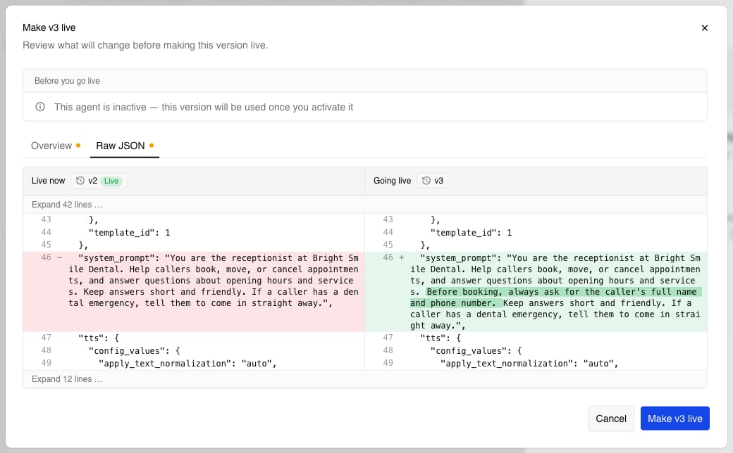 The Raw JSON view: the live version on the left and the version going live on the right, with the changed system prompt line highlighted