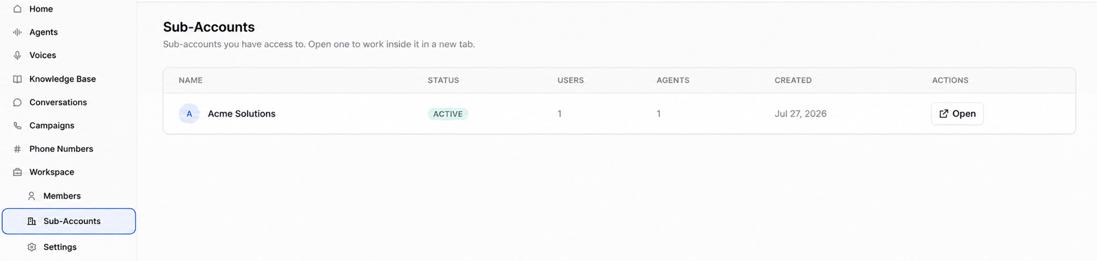 Sub-Accounts listing separate workspaces with their user and agent counts