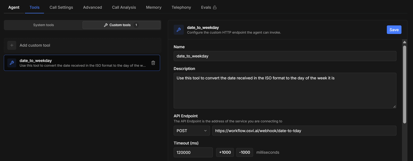 The Custom tools tab with Add custom tool and one custom tool selected