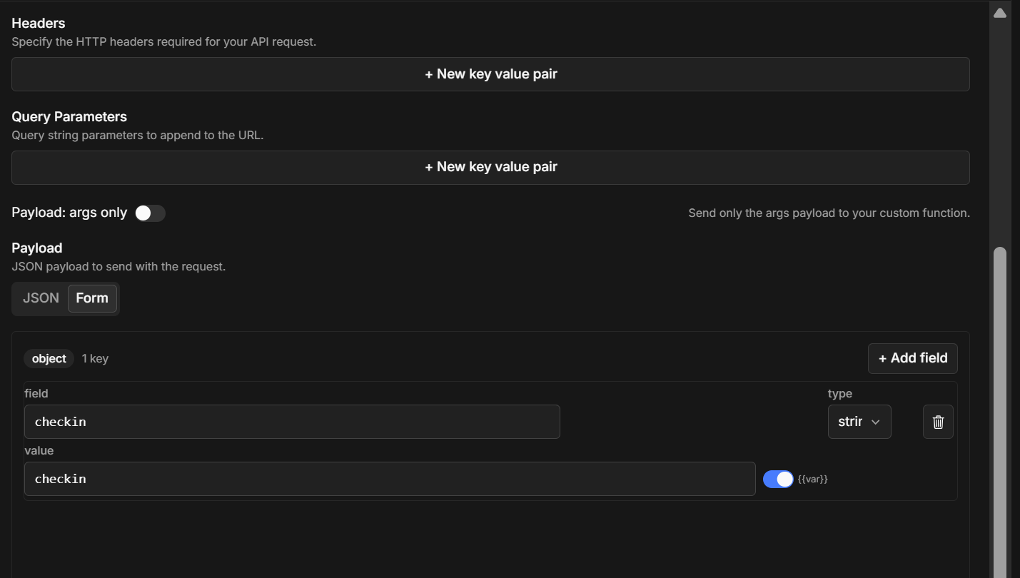 The Headers, Query Parameters, and Payload editors, with the var switch turning a value into a placeholder