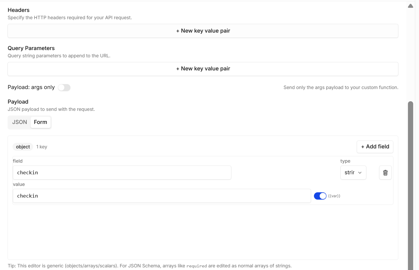 The Headers, Query Parameters, and Payload editors, with the var switch turning a value into a placeholder