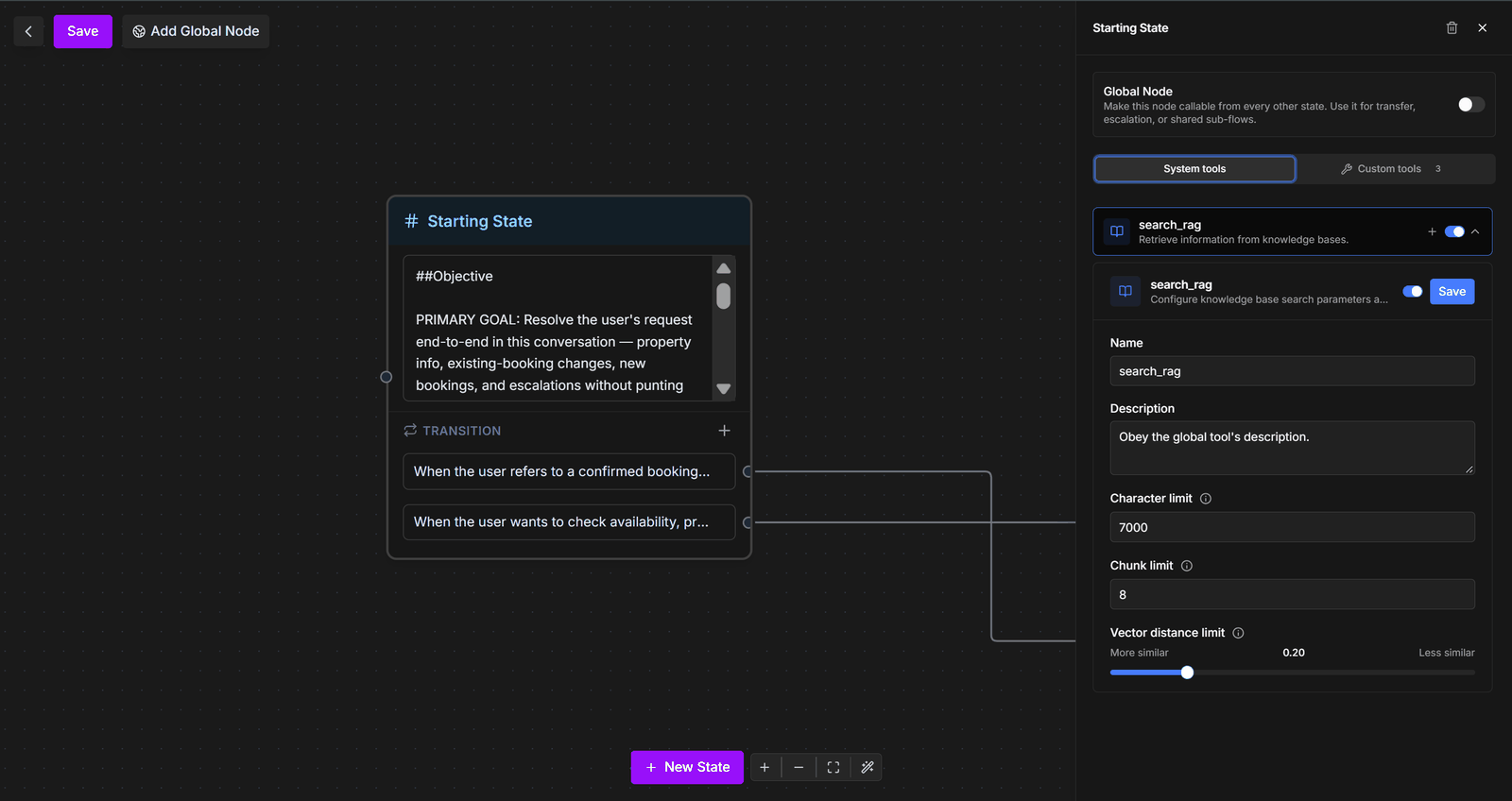 The multi-prompt workflow editor with a state selected and its side panel showing System tools and Custom tools