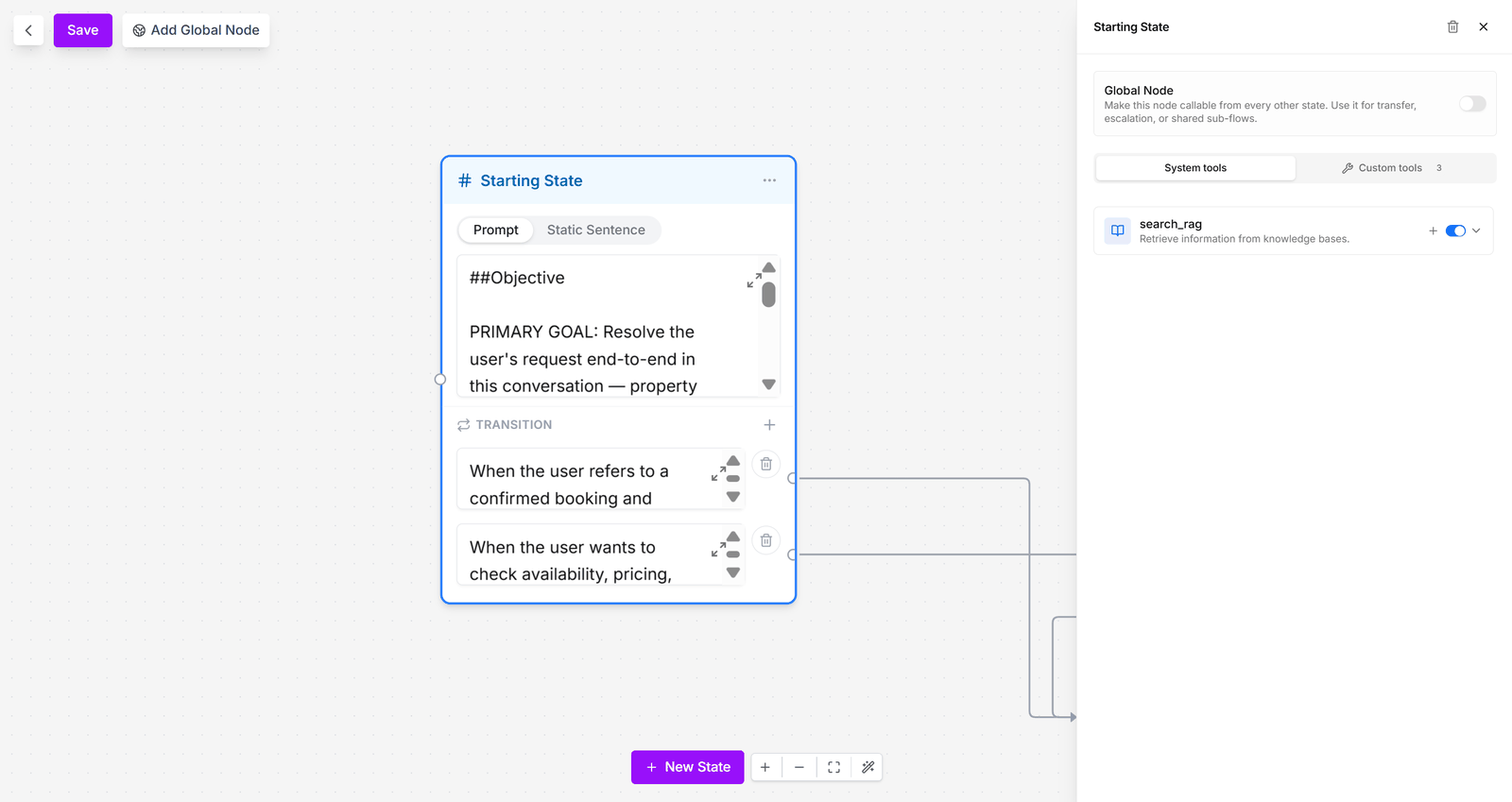 The multi-prompt workflow editor with a state selected and its side panel showing System tools and Custom tools