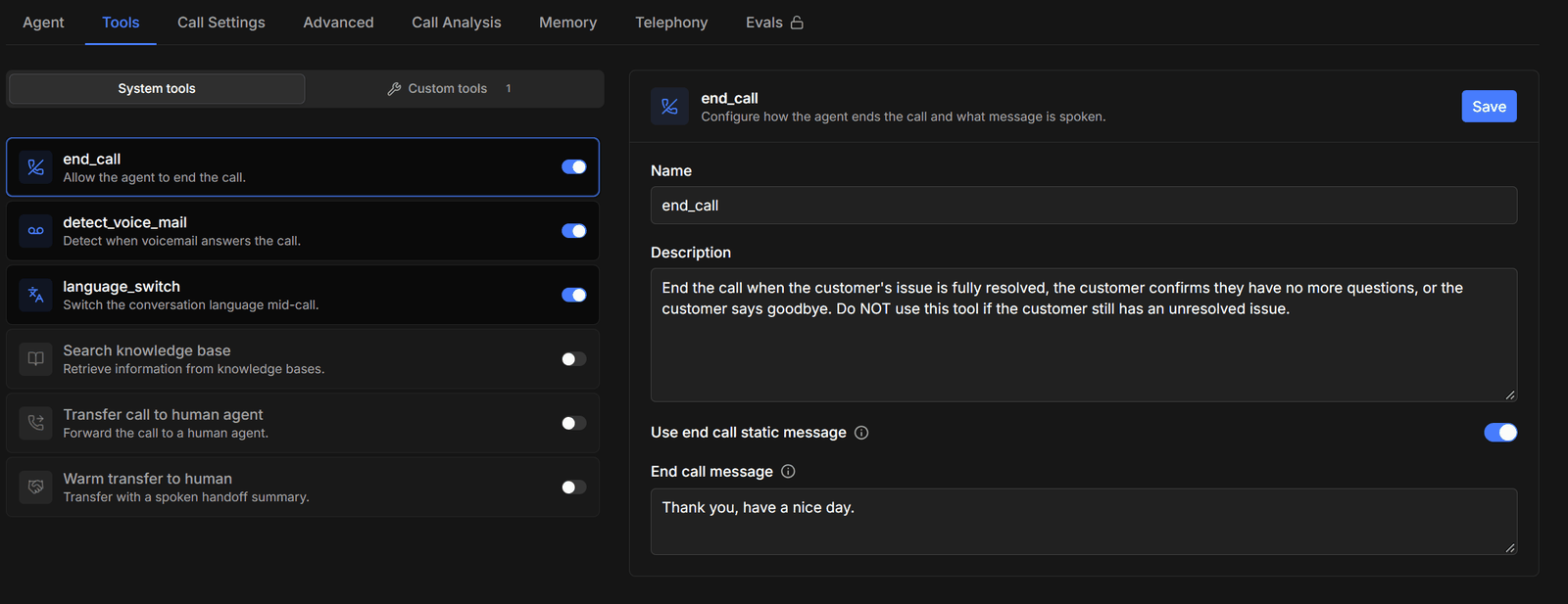 The Tools tab: the System tools list with switches on the left, and the selected tool's settings on the right