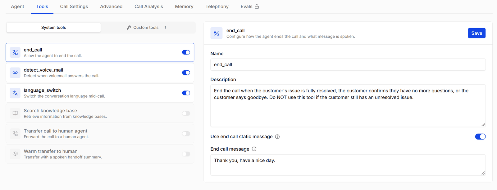 End call selected in the System tools list, with its name, description, and message settings