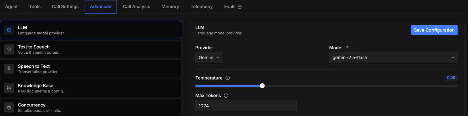 The LLM section with provider, model, and temperature
