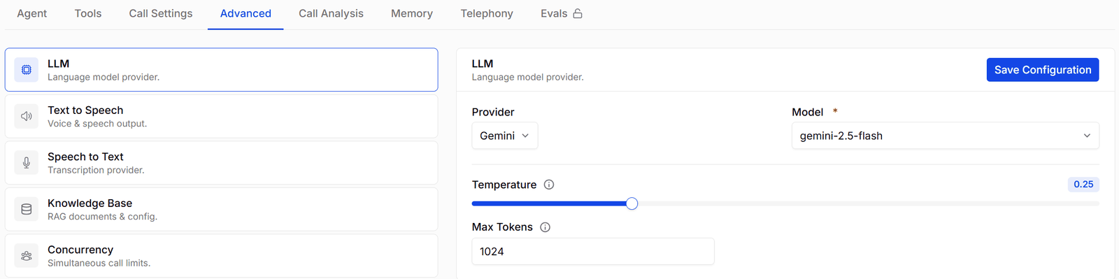 The LLM section with provider, model, and temperature