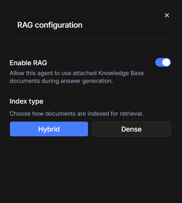 The RAG configuration panel with Enable RAG and the index type buttons