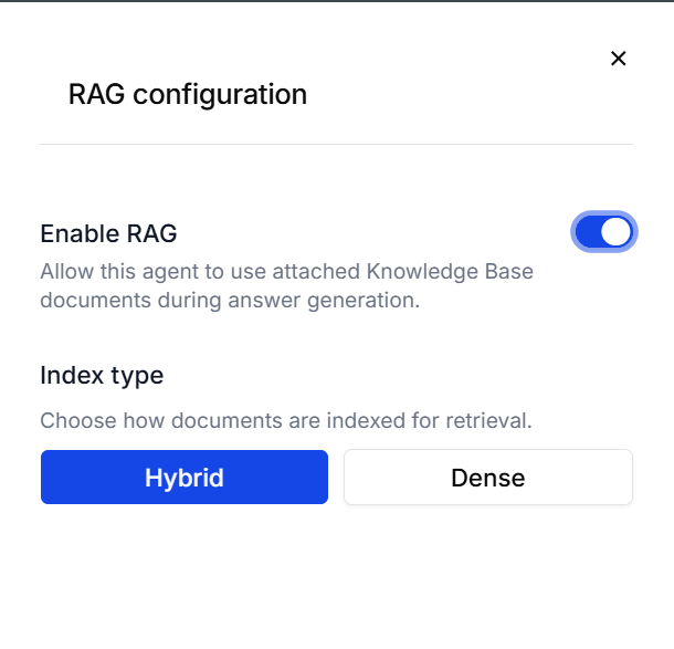 The RAG configuration panel with Enable RAG and the index type buttons