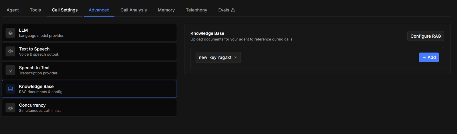 The Knowledge Base section with attached documents and the Configure RAG button