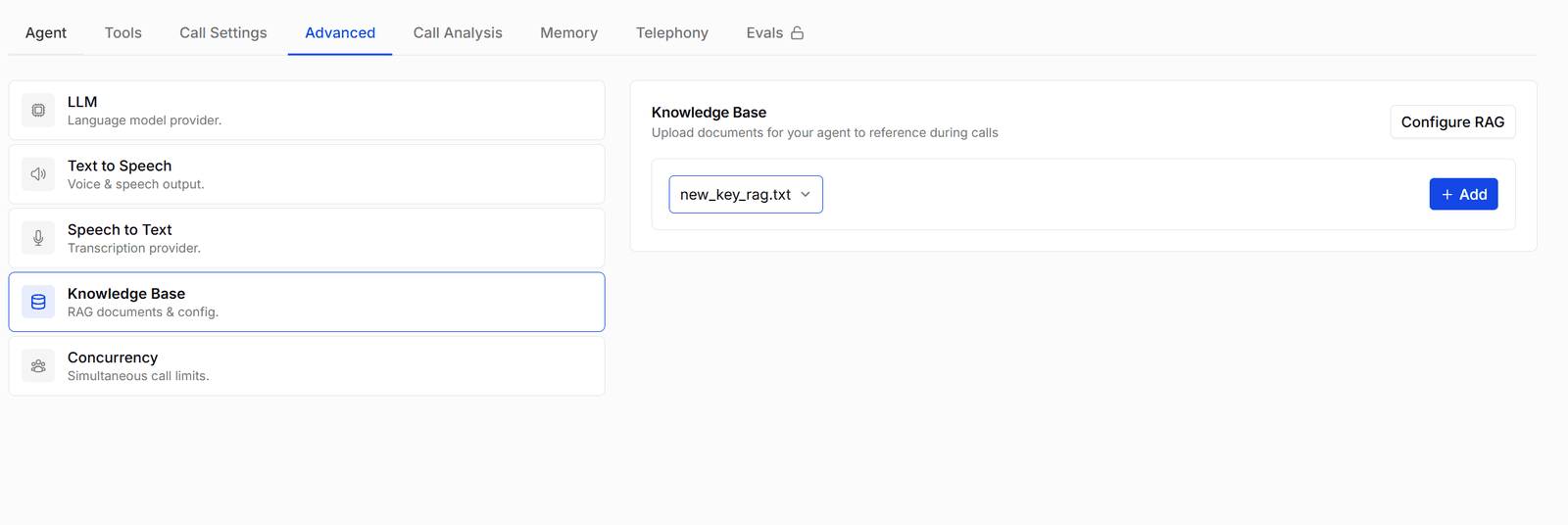 The Knowledge Base section with attached documents and the Configure RAG button