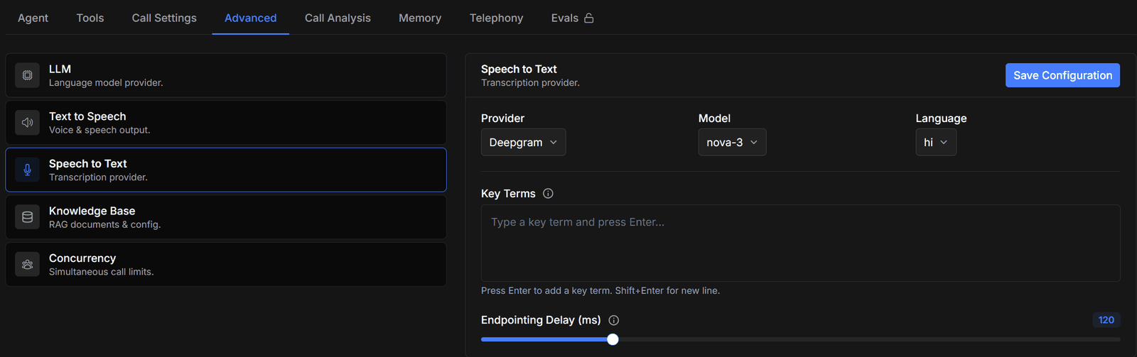 The Speech to Text section with provider, model, language, and language hints