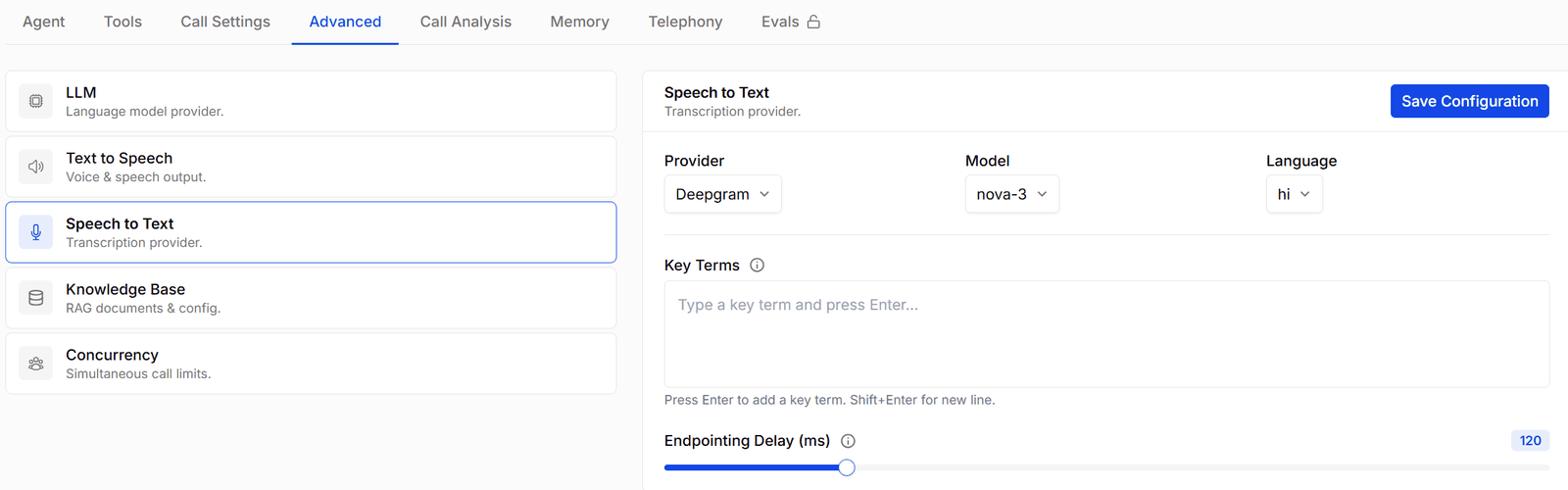 The Speech to Text section with provider, model, language, and language hints