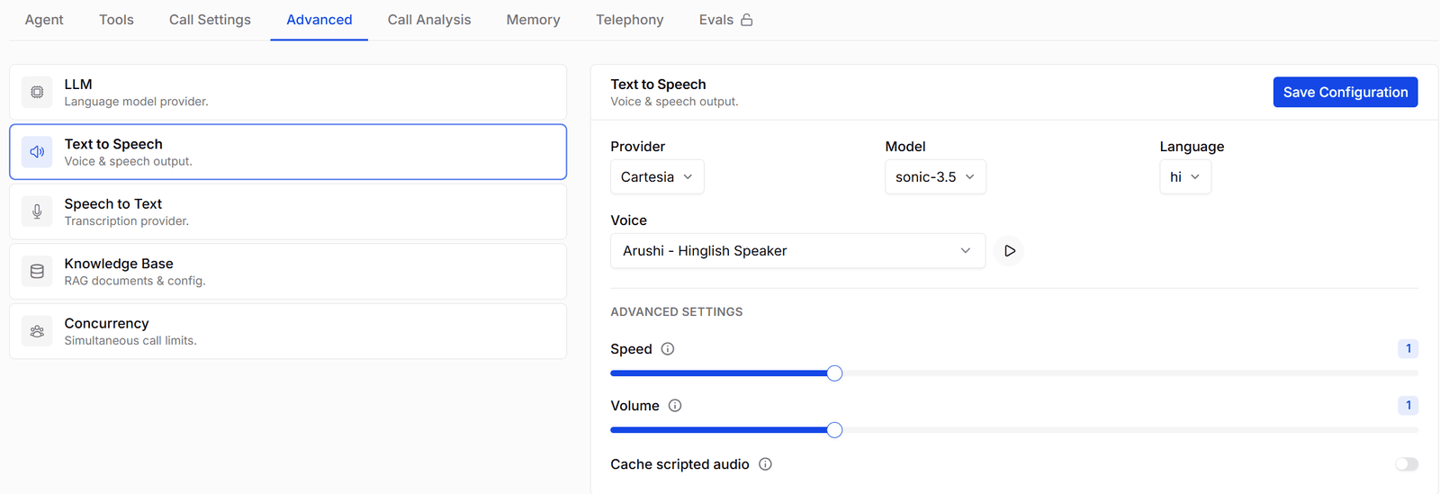 The Text to Speech section with provider, model, language, and voice picker