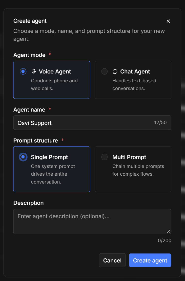 The Create agent dialog: agent mode, agent name, prompt structure, and description