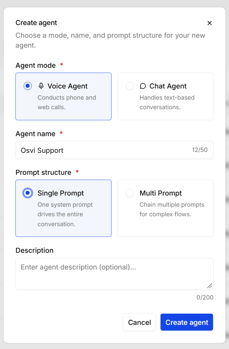 The Create agent dialog: agent mode, agent name, prompt structure, and description