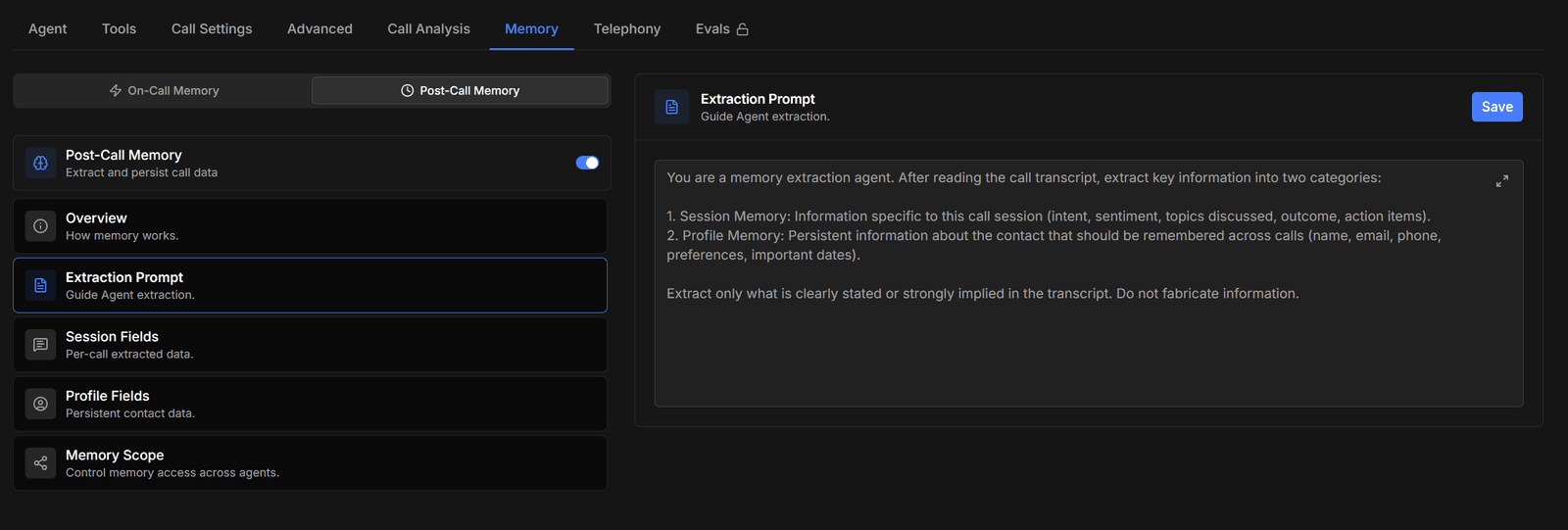 The extraction prompt that tells the agent how to pull session and profile memory from a transcript