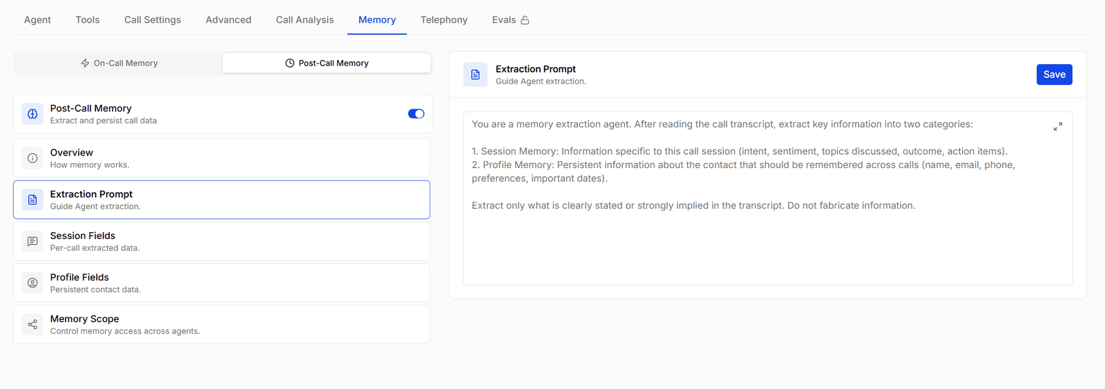 The extraction prompt that tells the agent how to pull session and profile memory from a transcript