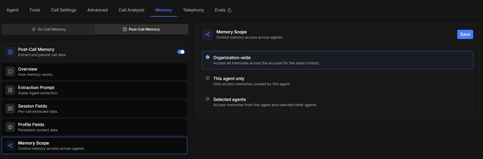 Memory scope options: organization-wide, this agent only, or selected agents