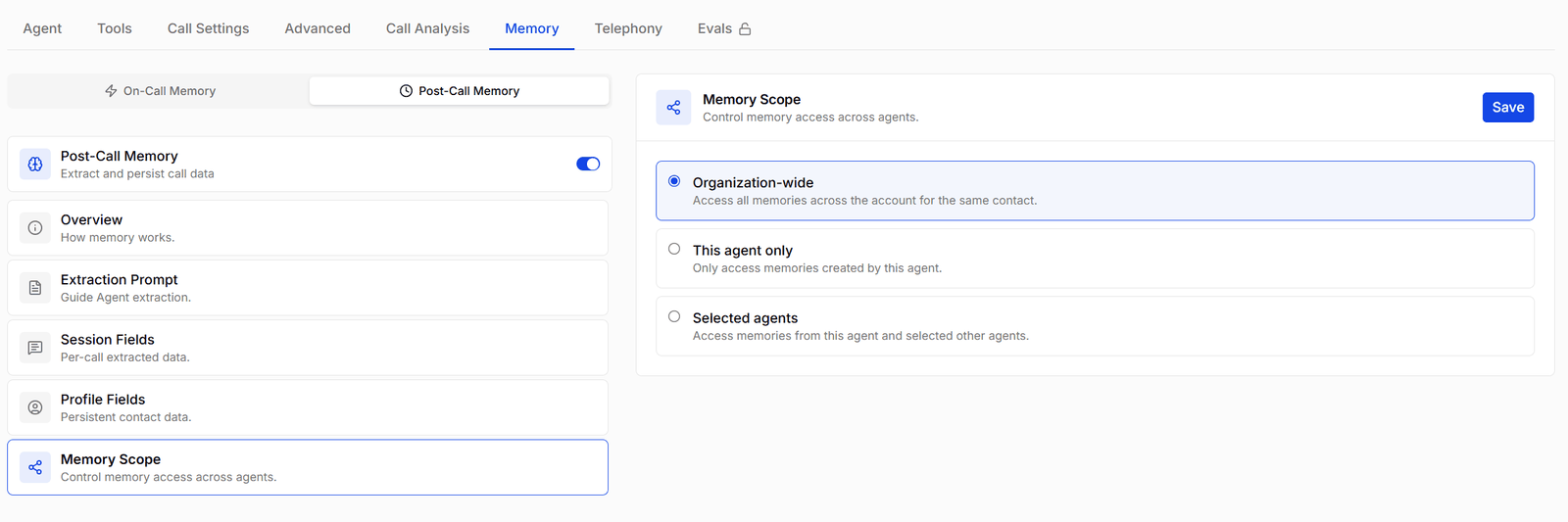 Memory scope options: organization-wide, this agent only, or selected agents